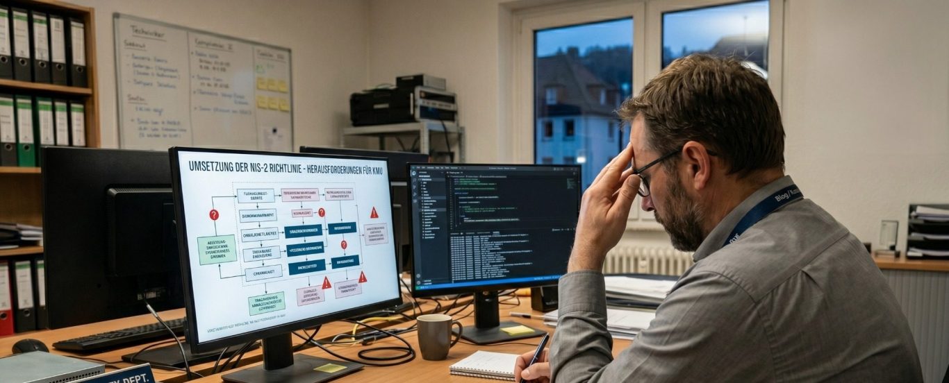 Symbolbild: Im Hochhausbüro mit Aussicht steht ein Mann vor einem Holztisch, auf dem ein Tablet liegt.