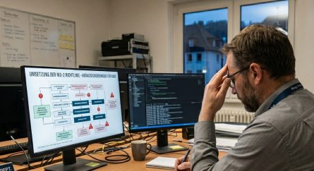 Symbolbild: Im Hochhausbüro mit Aussicht steht ein Mann vor einem Holztisch, auf dem ein Tablet liegt.