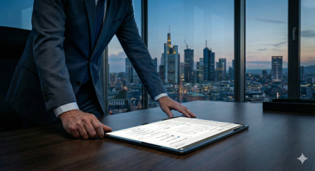 Symbolbild: Im Hochhausbüro mit Aussicht steht ein Mann vor einem Holztisch, auf dem ein Tablet liegt.
