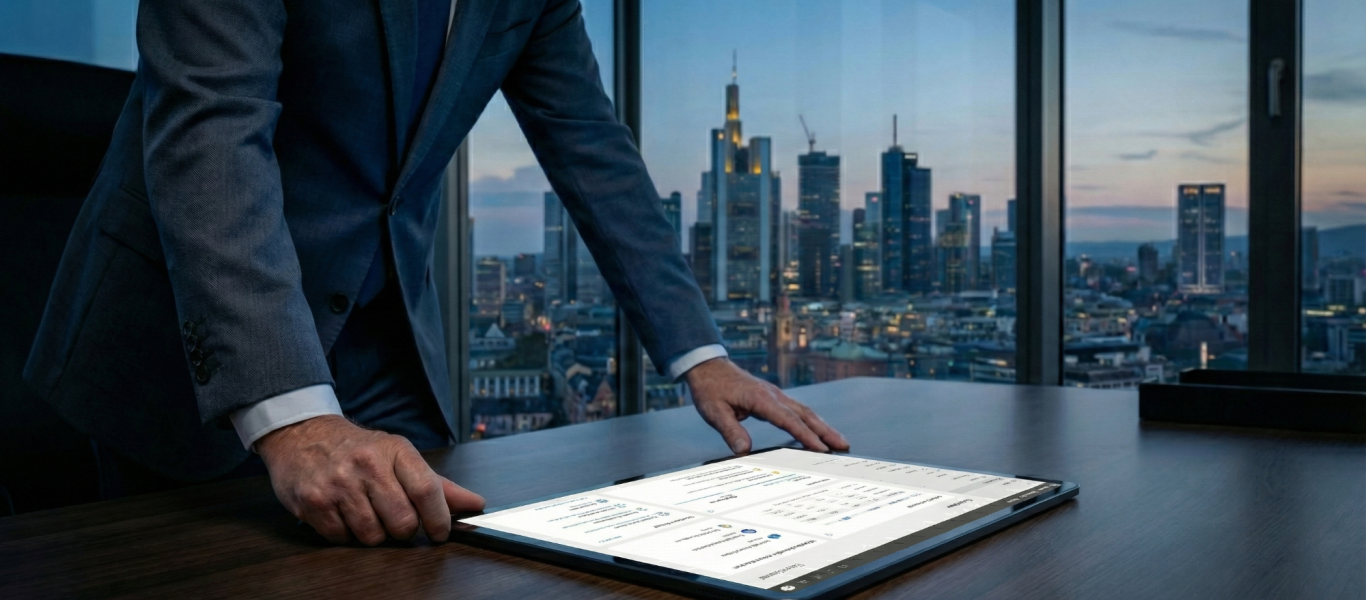 Symbolbild: Im Hochhausbüro mit Aussicht steht ein Mann vor einem Holztisch, auf dem ein Tablet liegt.