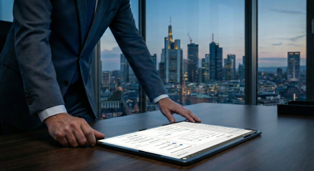 Symbolbild: Im Hochhausbüro mit Aussicht steht ein Mann vor einem Holztisch, auf dem ein Tablet liegt.