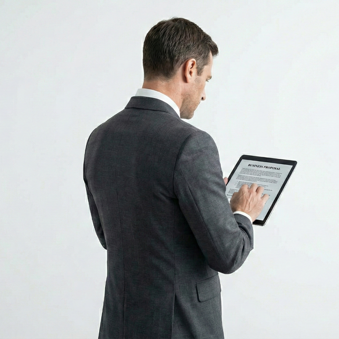 Symbolbild: Ein Mann in einem grauen Anzug steht vor einem neutralen Hintergrund und interagiert mit einem Tablet-Computer.